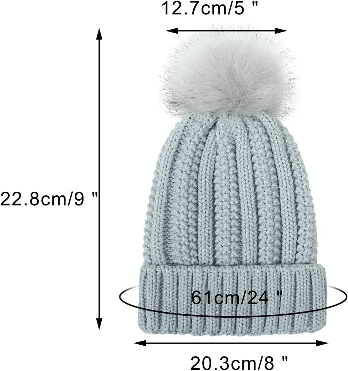 Womens Winter Knitted Beanie Hat with Faux Fur Pom Winter Fashion Solid Warm Knit Skull Cap Beanie for Women