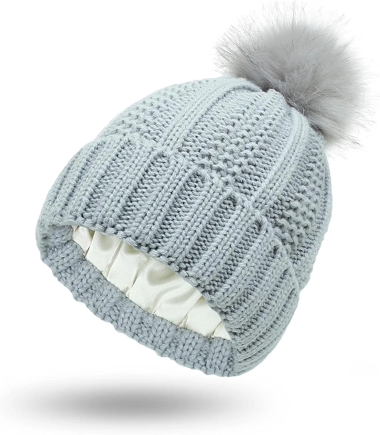 Womens Winter Knitted Beanie Hat with Faux Fur Pom Winter Fashion Solid Warm Knit Skull Cap Beanie for Women