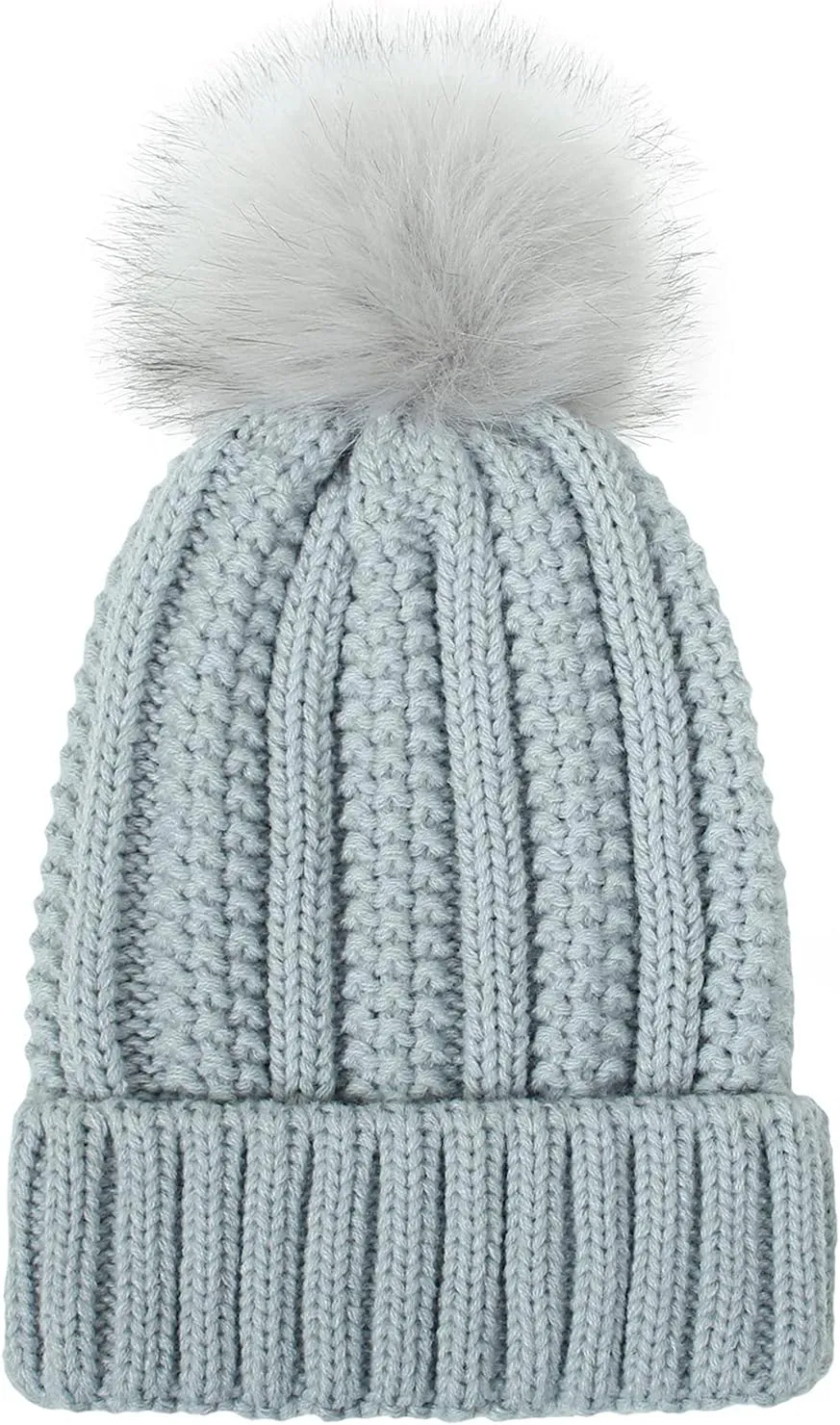 Womens Winter Knitted Beanie Hat with Faux Fur Pom Winter Fashion Solid Warm Knit Skull Cap Beanie for Women