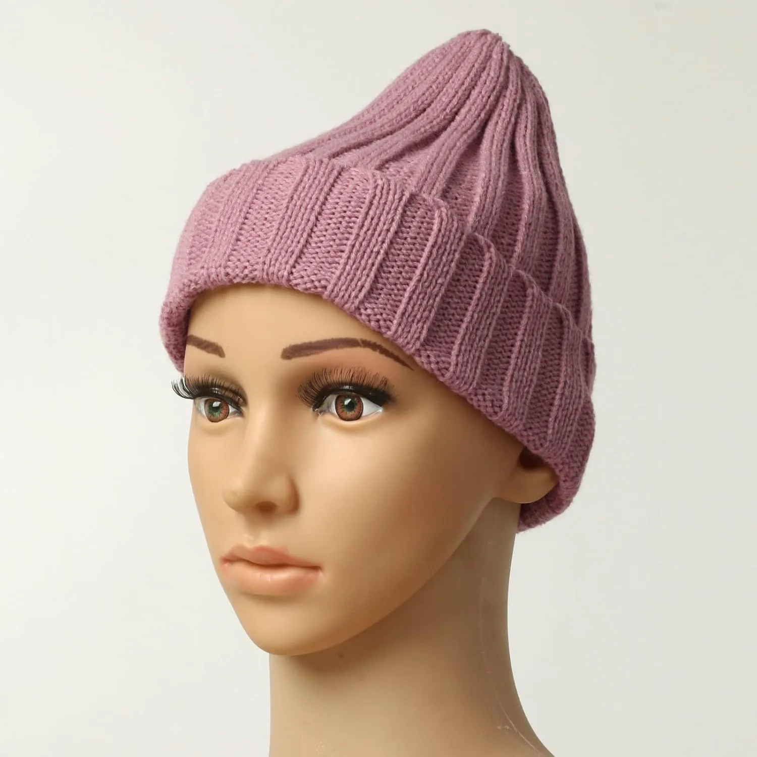 Womens Winter Ribbed Beanie Cap Chunky Cable Knit Pompom Soft Warm Hat Roll Up Edge Ribbed Watch Cap