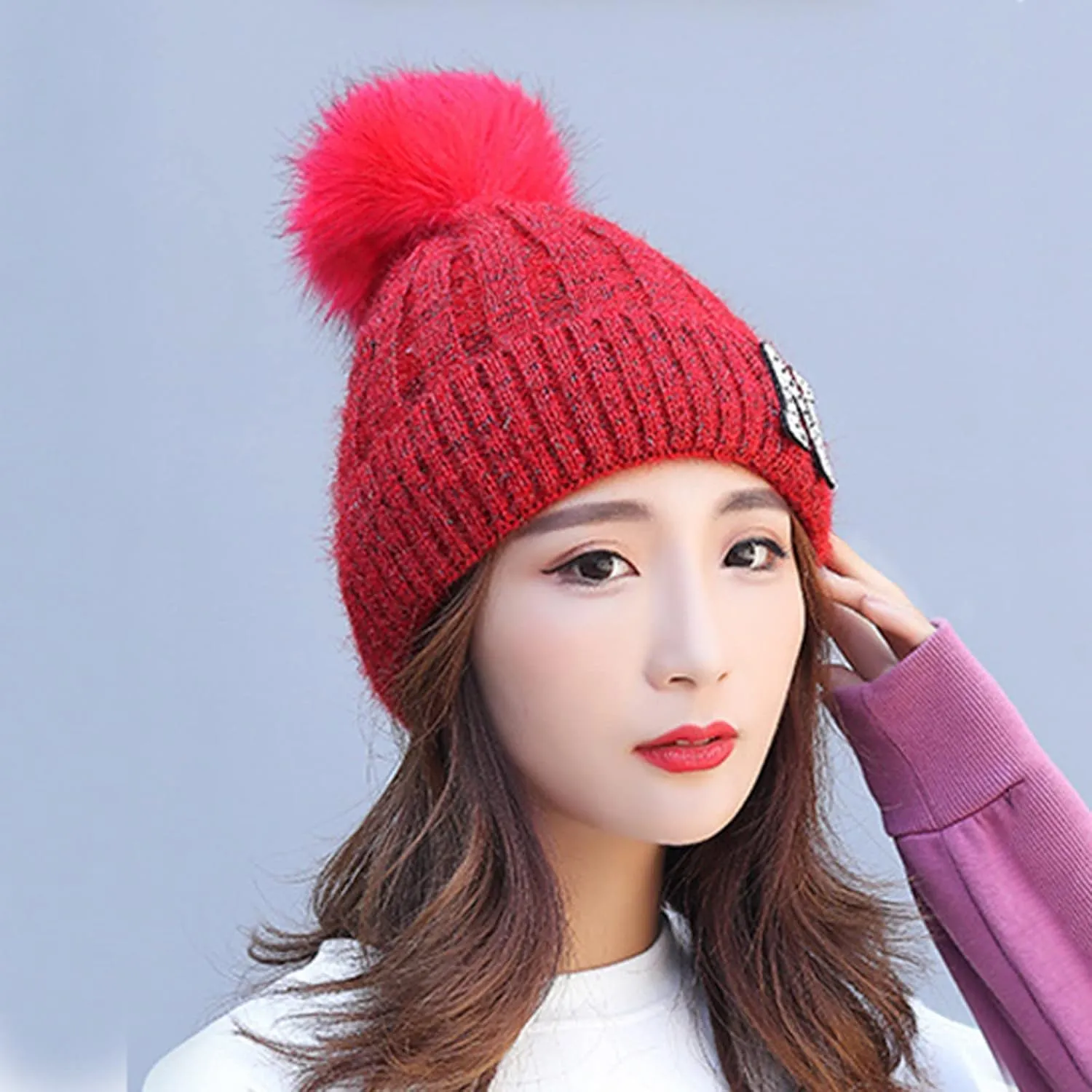 Women's Winter Soft Knit Beanie Hat with Faux Fur Pom Pom Warm Skull Cap Beanies for Women Cold Weather