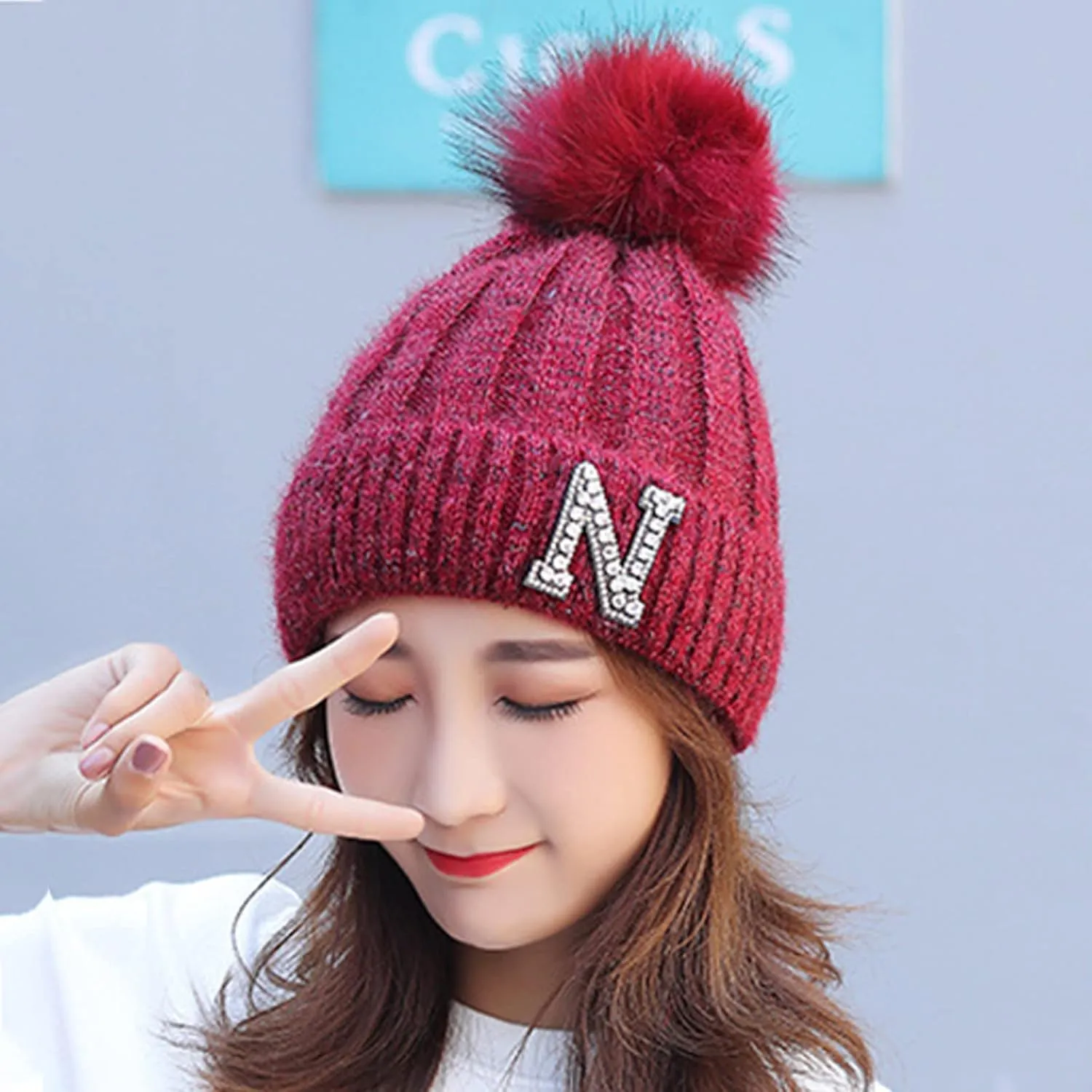 Women's Winter Soft Knit Beanie Hat with Faux Fur Pom Pom Warm Skull Cap Beanies for Women Cold Weather