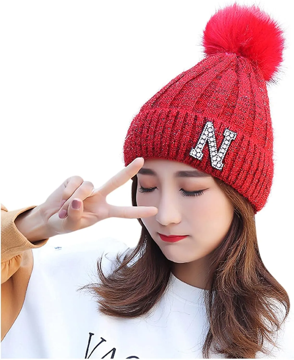Women's Winter Soft Knit Beanie Hat with Faux Fur Pom Pom Warm Skull Cap Beanies for Women Cold Weather