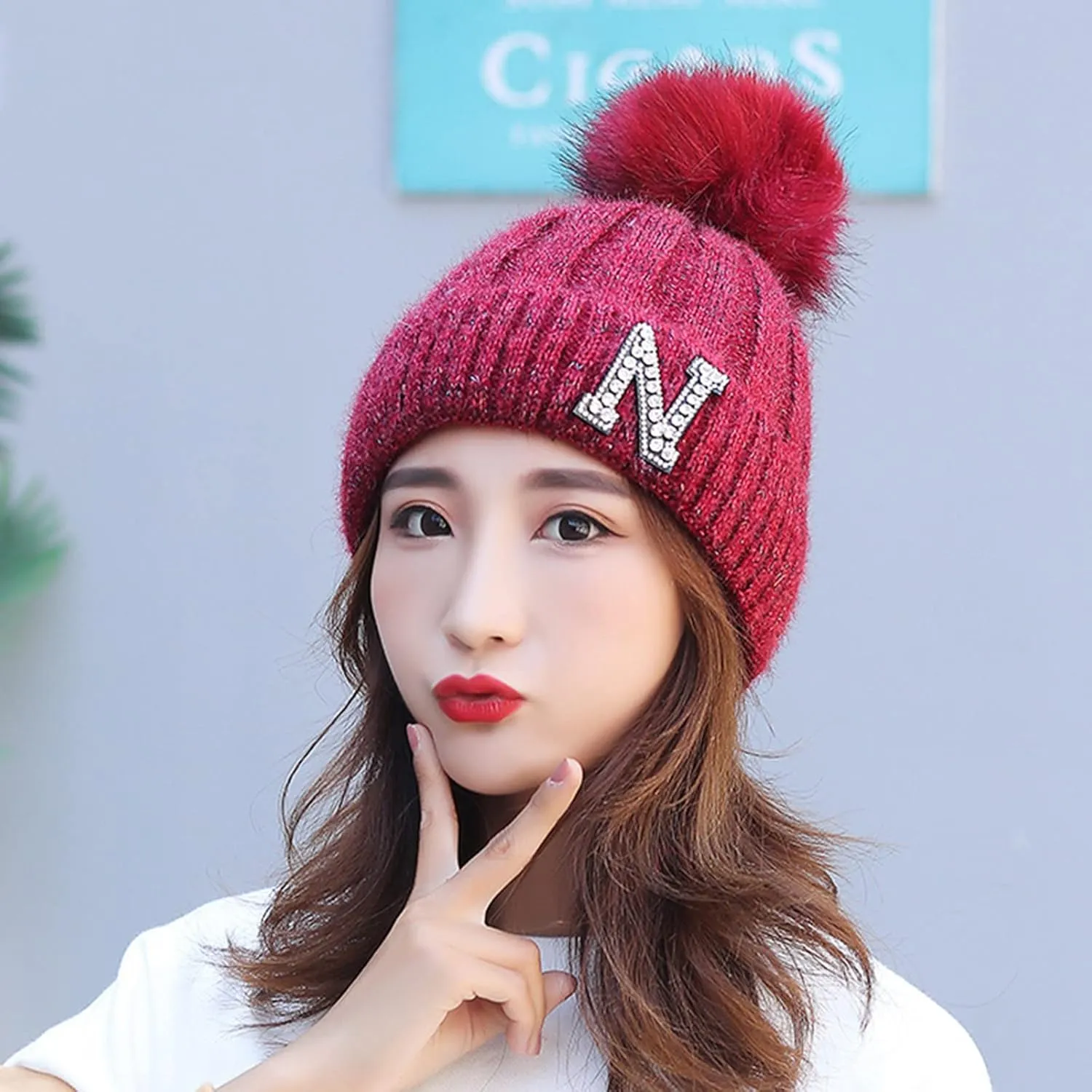 Women's Winter Soft Knit Beanie Hat with Faux Fur Pom Pom Warm Skull Cap Beanies for Women Cold Weather