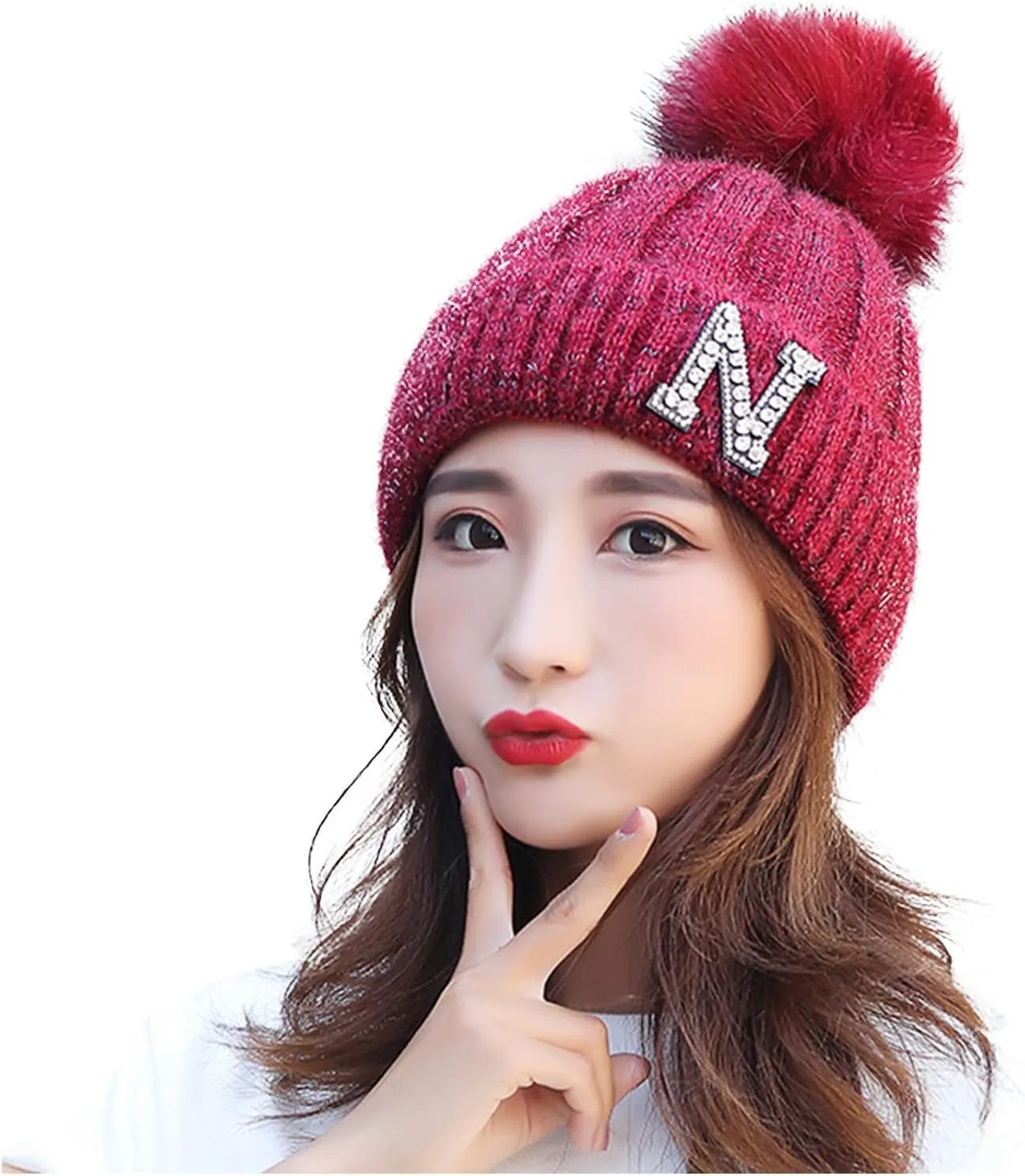 Women's Winter Soft Knit Beanie Hat with Faux Fur Pom Pom Warm Skull Cap Beanies for Women Cold Weather