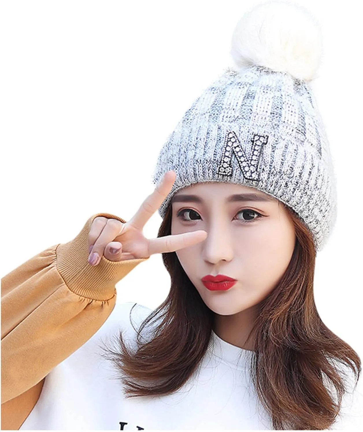 Women's Winter Soft Knit Beanie Hat with Faux Fur Pom Pom Warm Skull Cap Beanies for Women Cold Weather