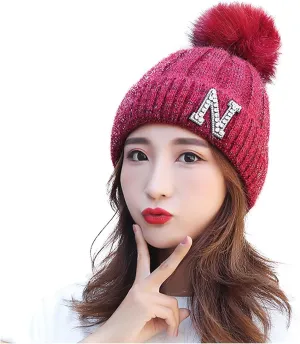 Women's Winter Soft Knit Beanie Hat with Faux Fur Pom Pom Warm Skull Cap Beanies for Women Cold Weather