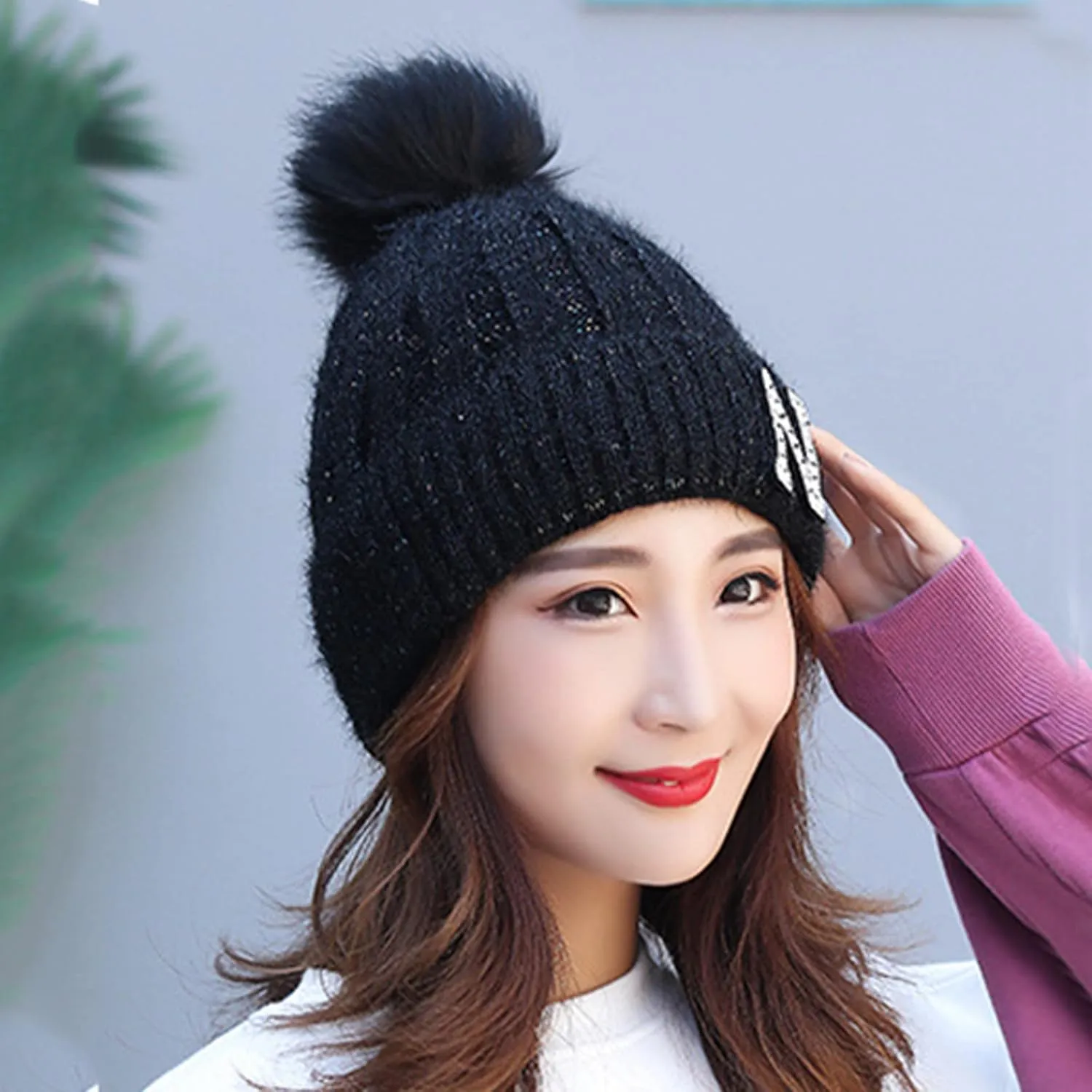 Women's Winter Soft Knit Beanie Hat with Faux Fur Pom Pom Warm Skull Cap Beanies for Women Cold Weather