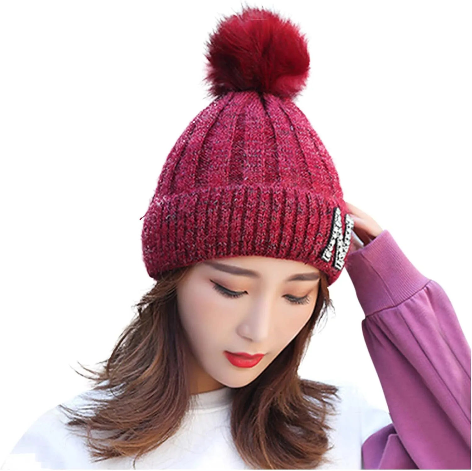 Women's Winter Soft Knit Beanie Hat with Faux Fur Pom Pom Warm Skull Cap Beanies for Women Cold Weather