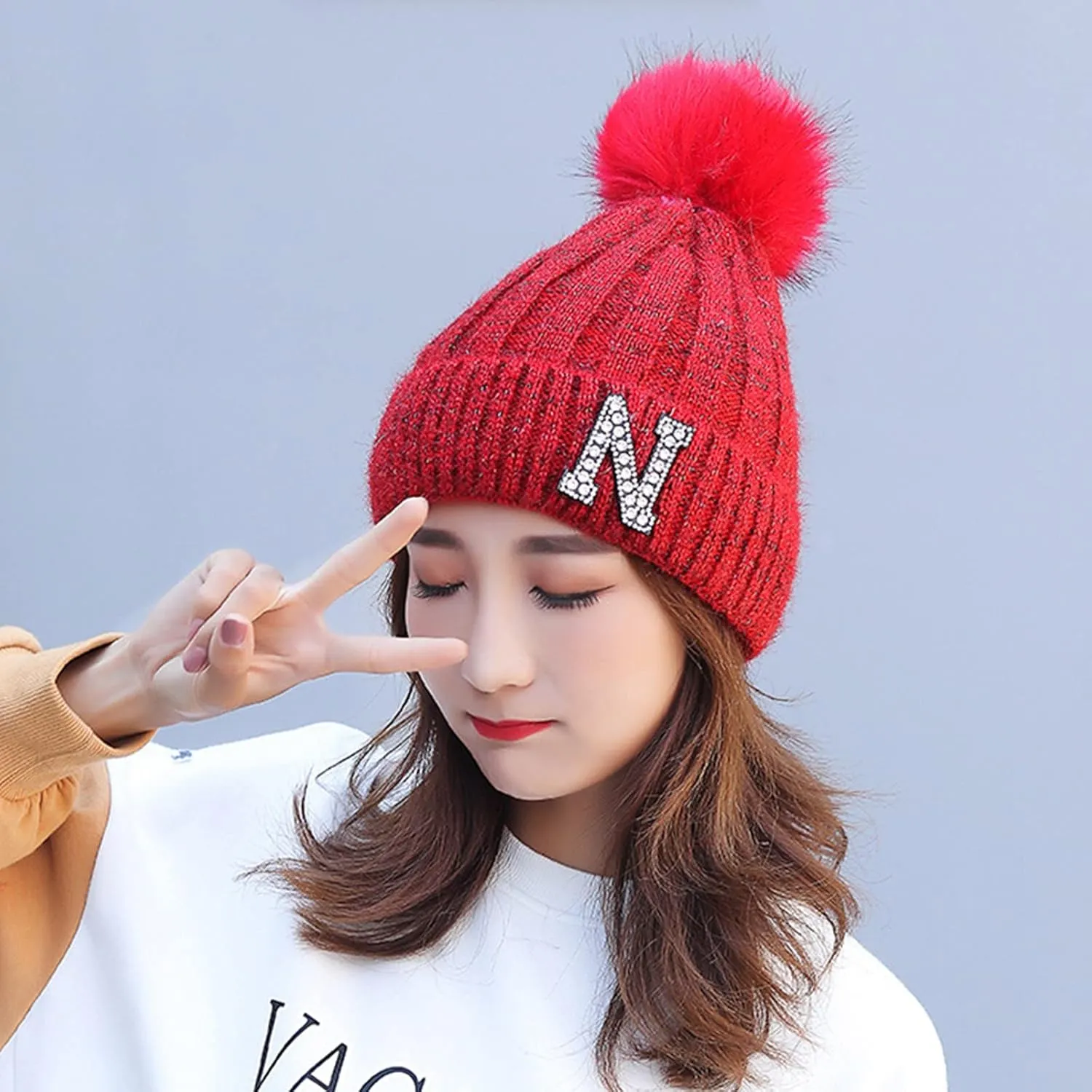 Women's Winter Soft Knit Beanie Hat with Faux Fur Pom Pom Warm Skull Cap Beanies for Women Cold Weather