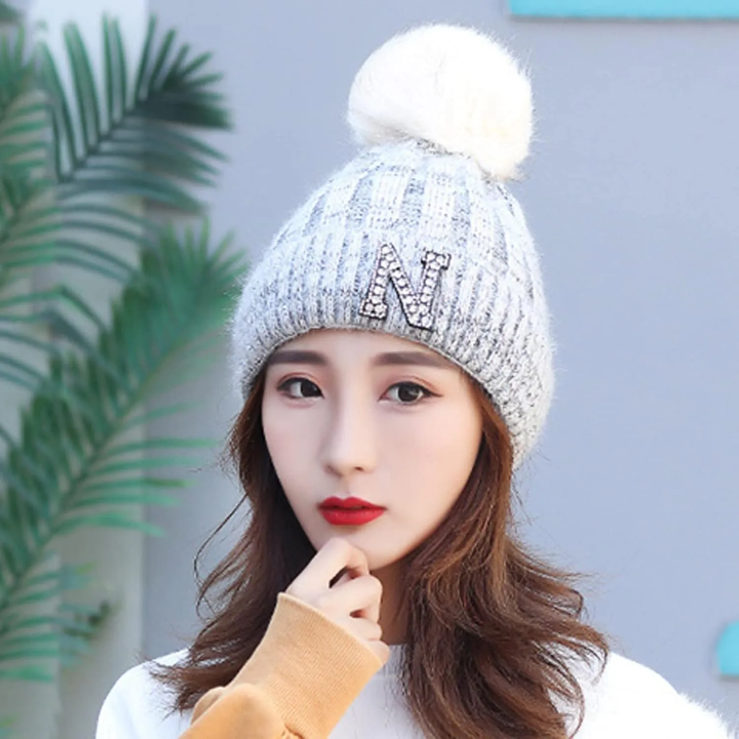 Women's Winter Soft Knit Beanie Hat with Faux Fur Pom Pom Warm Skull Cap Beanies for Women Cold Weather