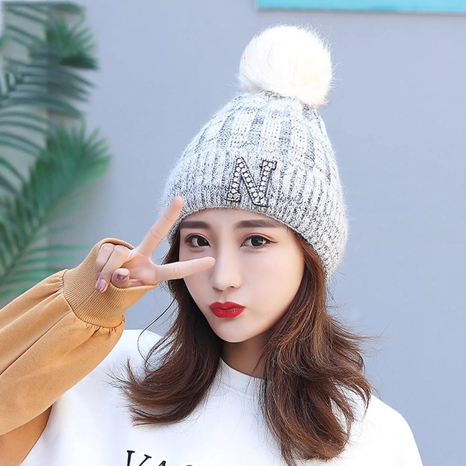 Women's Winter Soft Knit Beanie Hat with Faux Fur Pom Pom Warm Skull Cap Beanies for Women Cold Weather