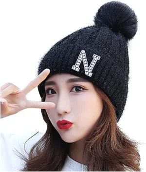 Women's Winter Soft Knit Beanie Hat with Faux Fur Pom Pom Warm Skull Cap Beanies for Women Cold Weather