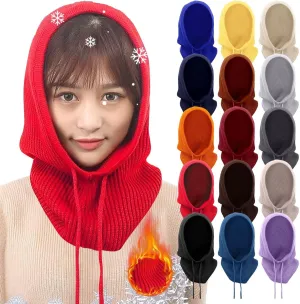 Womens Winter Warm Elastic Soft Ear Protection Knitted Scarf Mask hat Fleece Lined Beanie Hat one-Piece hat Hat one-Piece hat