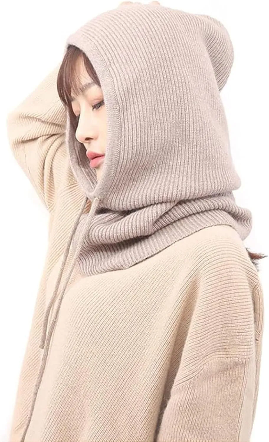 Womens Winter Warm Elastic Soft Ear Protection Knitted Scarf Mask hat Fleece Lined Beanie Hat one-Piece hat Hat one-Piece hat