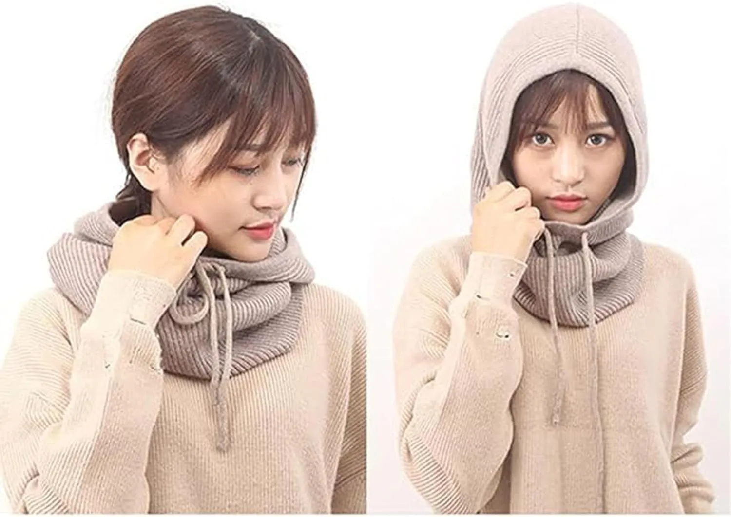 Womens Winter Warm Elastic Soft Ear Protection Knitted Scarf Mask hat Fleece Lined Beanie Hat one-Piece hat Hat one-Piece hat