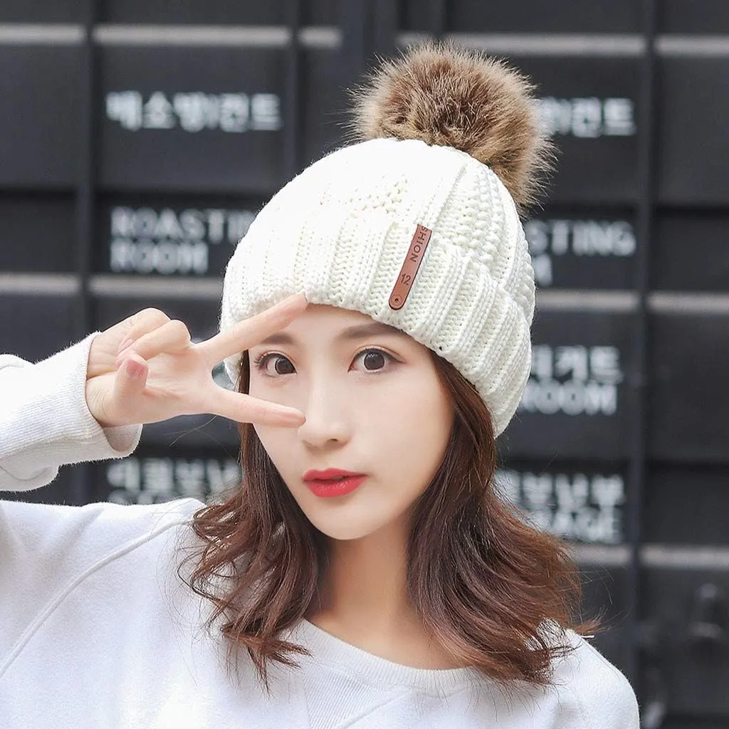 Women's Wool Knitted Hat Solid Color Roll up Edge Slouchy Skully Hat Winter Warm Snow Cap with Faux Pom