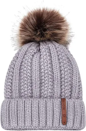 Women's Wool Knitted Hat Solid Color Roll up Edge Slouchy Skully Hat Winter Warm Snow Cap with Faux Pom
