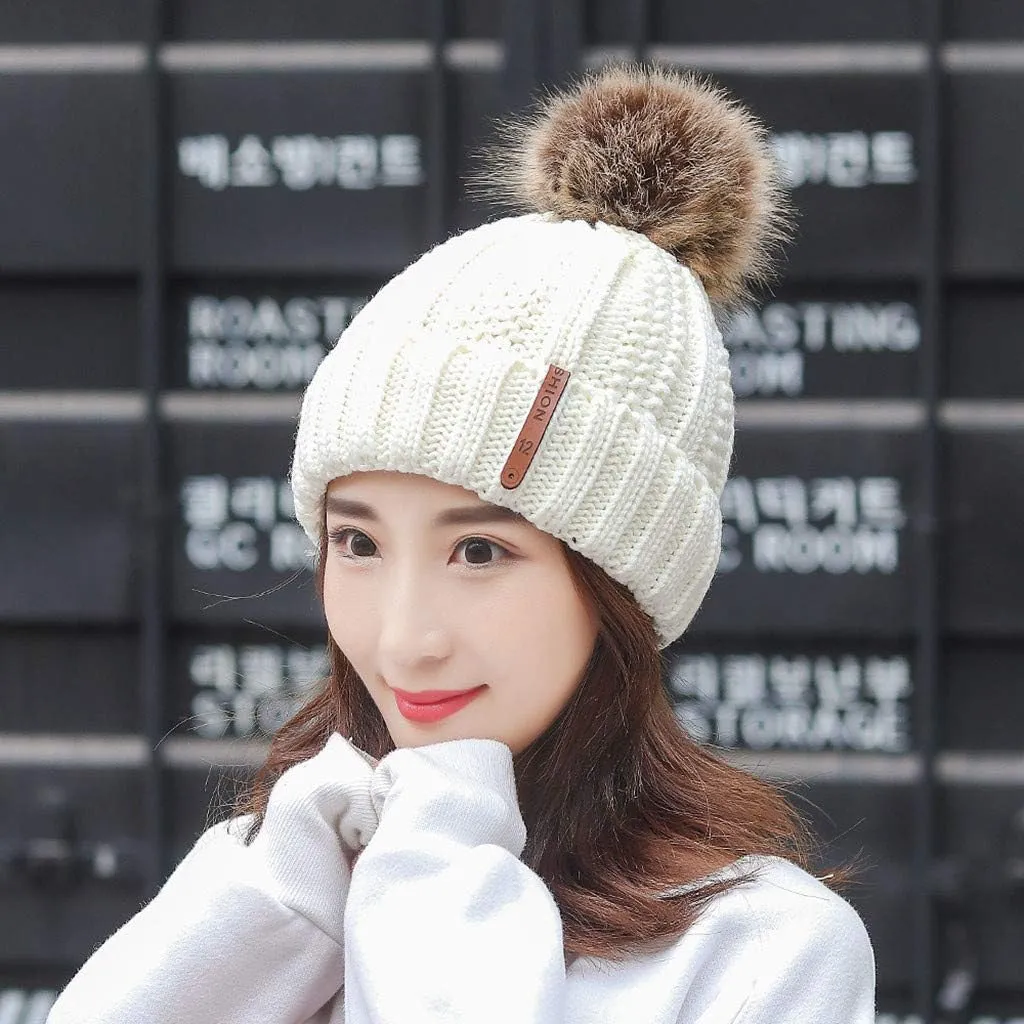 Women's Wool Knitted Hat Solid Color Roll up Edge Slouchy Skully Hat Winter Warm Snow Cap with Faux Pom