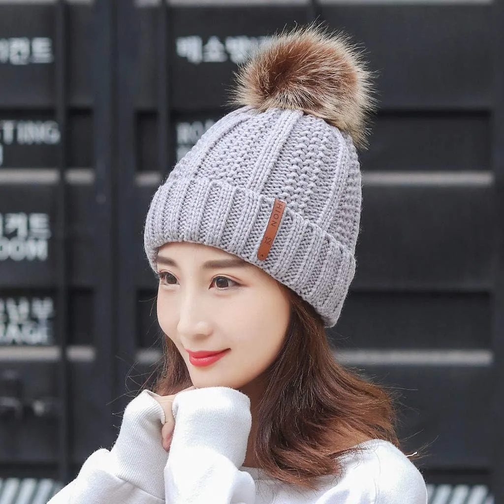 Women's Wool Knitted Hat Solid Color Roll up Edge Slouchy Skully Hat Winter Warm Snow Cap with Faux Pom