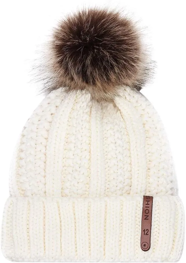 Women's Wool Knitted Hat Solid Color Roll up Edge Slouchy Skully Hat Winter Warm Snow Cap with Faux Pom