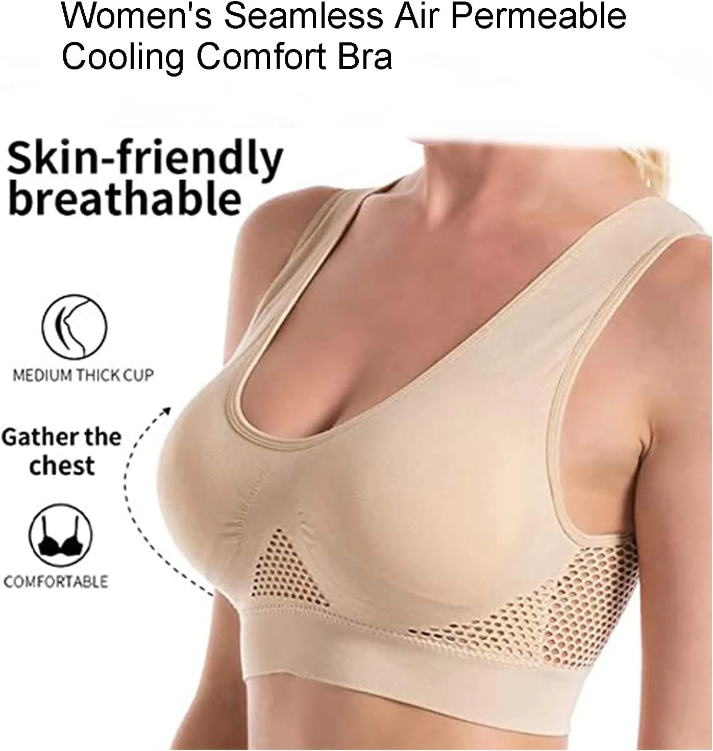 XIRUJNFD Women's Seamless Air Permeable Cooling Comfort Bra, Sleep Bras Air Cooling Bra Sport Yoga Wirefree Bra