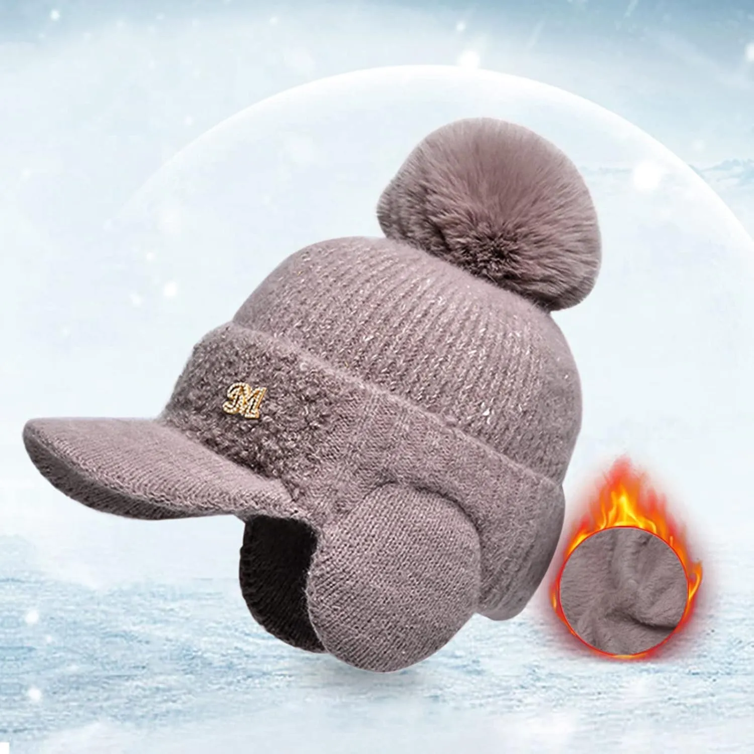 YOLAI Fleec Lined Beanie Hats with Visor Brim Winter Knit Ski Cap Women Pom-Pom Beanie Hats Earflap Knitted Hat