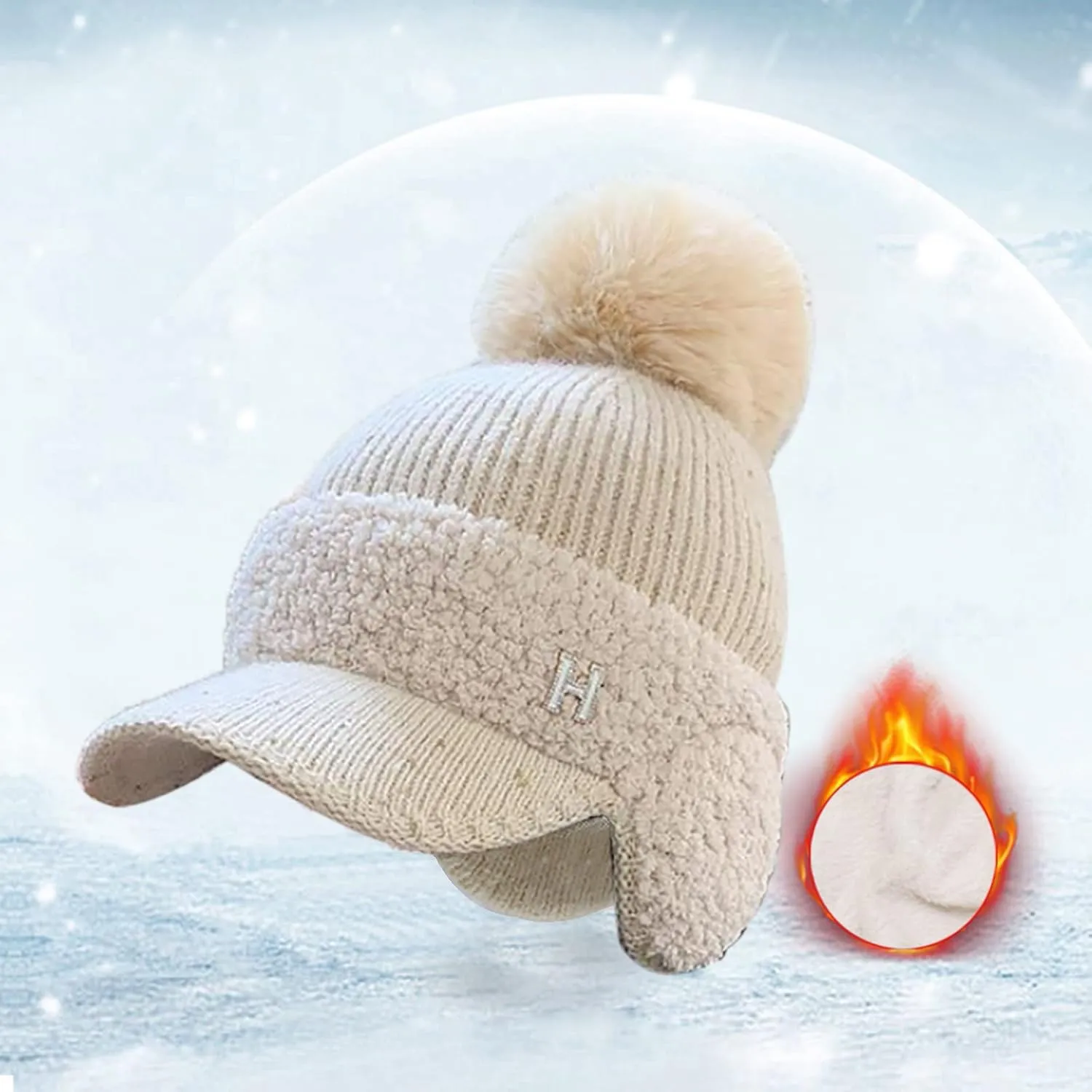 YOLAI Fleec Lined Beanie Hats with Visor Brim Winter Knit Ski Cap Women Pom-Pom Beanie Hats Earflap Knitted Hat