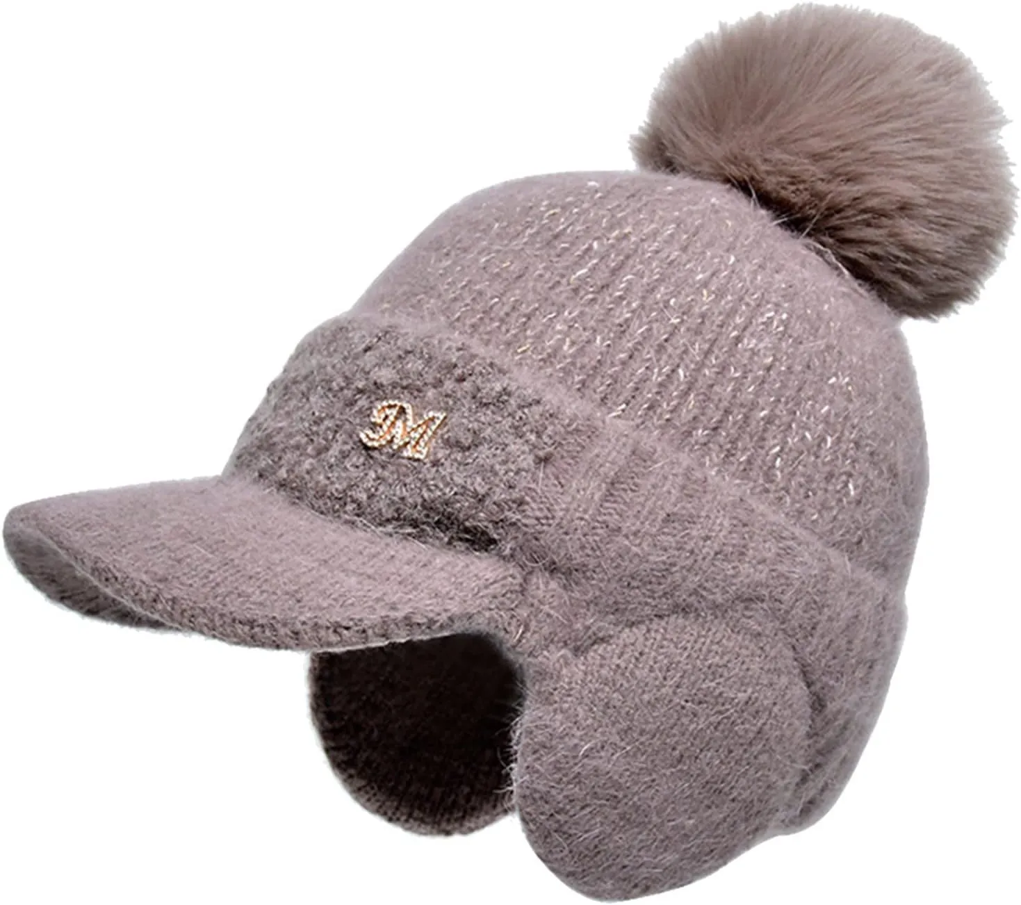 YOLAI Fleec Lined Beanie Hats with Visor Brim Winter Knit Ski Cap Women Pom-Pom Beanie Hats Earflap Knitted Hat