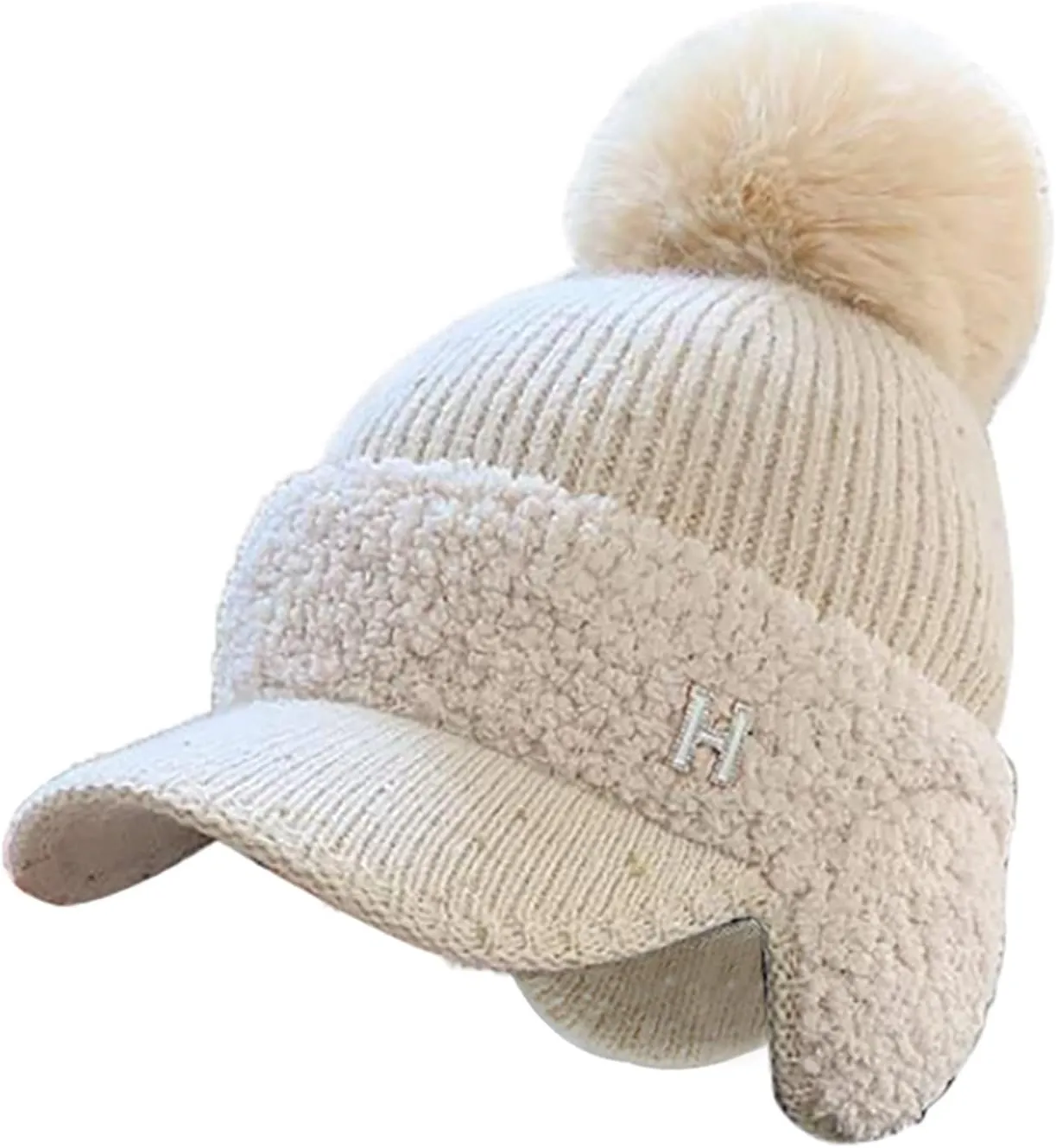 YOLAI Fleec Lined Beanie Hats with Visor Brim Winter Knit Ski Cap Women Pom-Pom Beanie Hats Earflap Knitted Hat