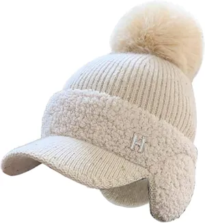 YOLAI Fleec Lined Beanie Hats with Visor Brim Winter Knit Ski Cap Women Pom-Pom Beanie Hats Earflap Knitted Hat