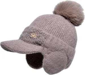 YOLAI Women Winter Beanie Hat Knit Earflap Cap Warm Fleec Lined with Pom Beanie Hats Women with Earflaps