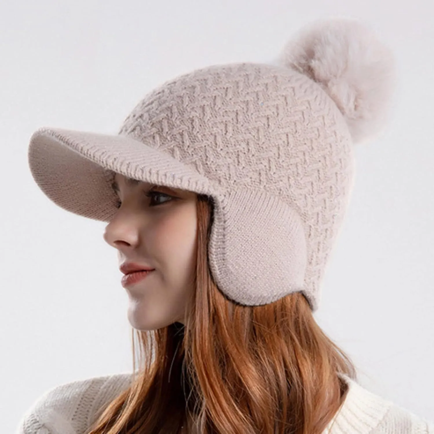 YOLAI Women Winter Beanie Hat Knit Earflap Cap Warm Fleec Lined with Pom Winter Beanie with Visor Earflaps for