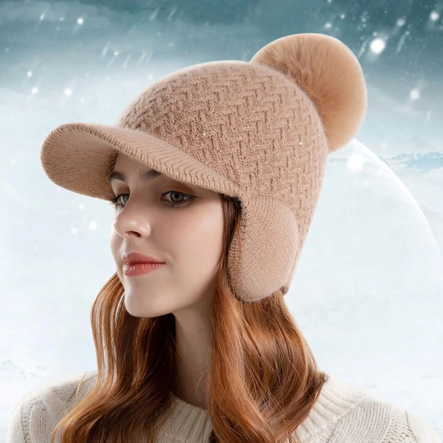 YOLAI Women Winter Beanie Hat Knit Earflap Cap Warm Fleec Lined with Pom Winter Beanie with Visor Earflaps for