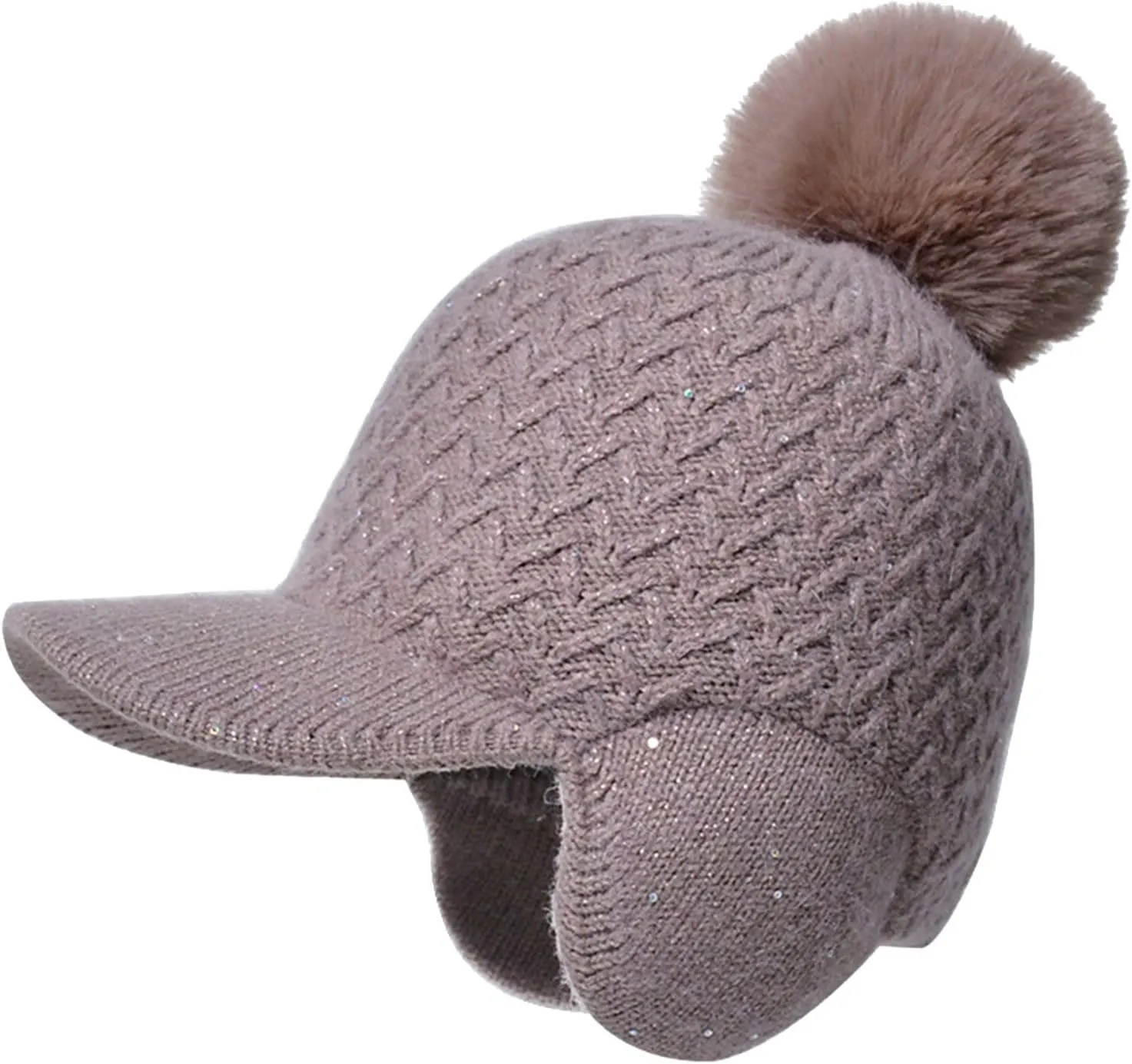 YOLAI Women Winter Beanie Hat Knit Earflap Cap Warm Fleec Lined with Pom Winter Beanie with Visor Earflaps for