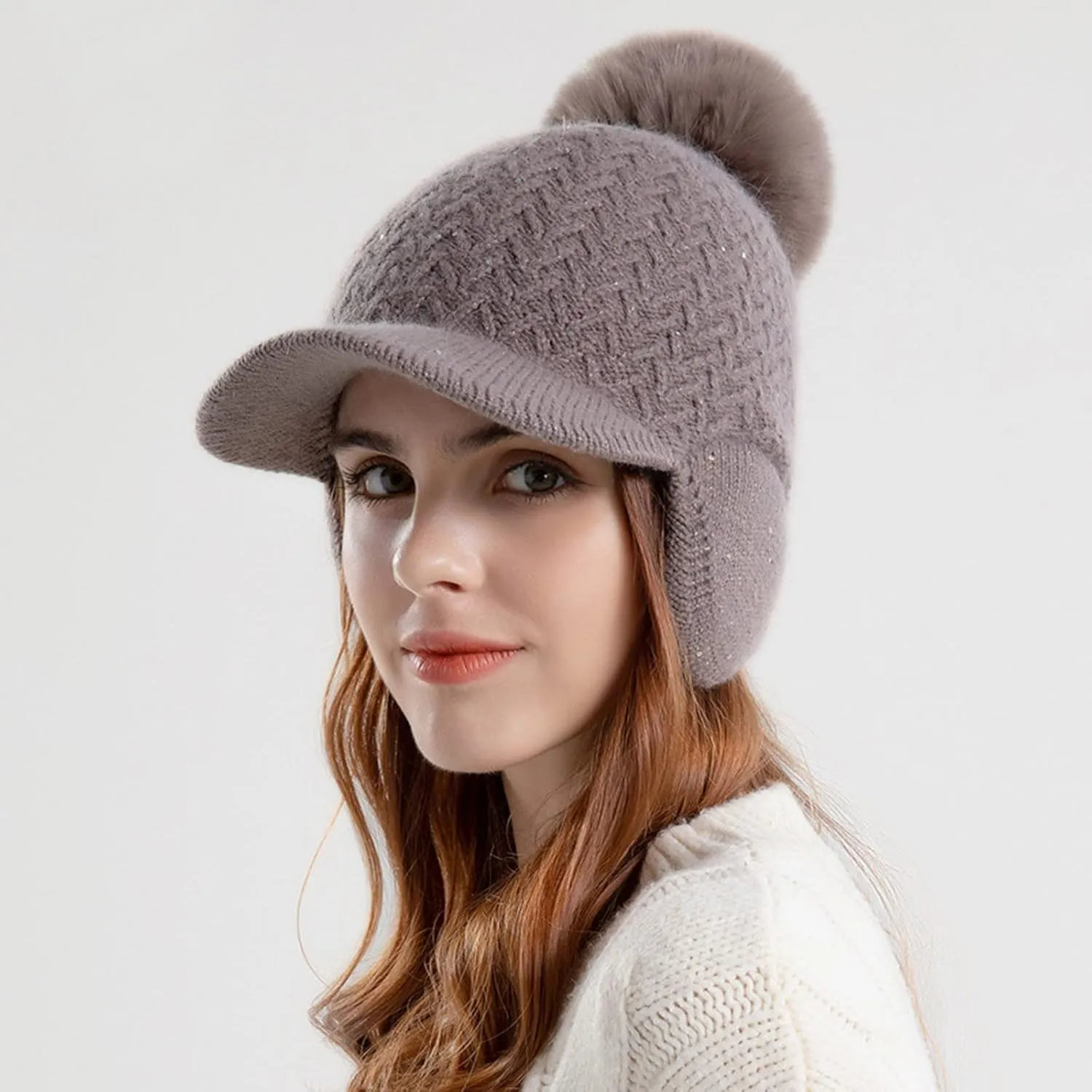 YOLAI Women Winter Beanie Hat Knit Earflap Cap Warm Fleec Lined with Pom Winter Beanie with Visor Earflaps for