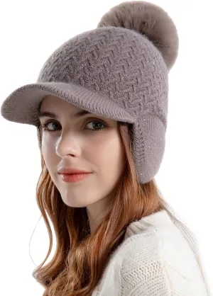 YOLAI Women Winter Beanie Hat Knit Earflap Cap Warm Fleec Lined with Pom Winter Beanie with Visor Earflaps for