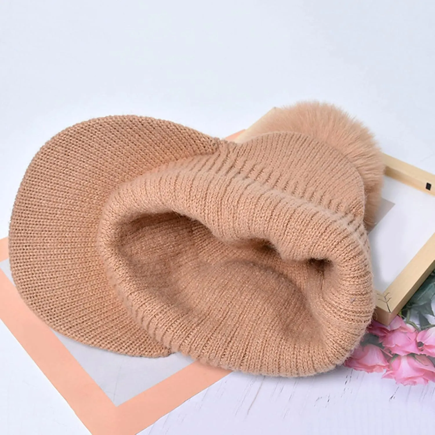 YOLAI Women Winter Beanie Hat Knit Earflap Cap Warm Fleec Lined with Pom Winter Beanie with Visor Earflaps for