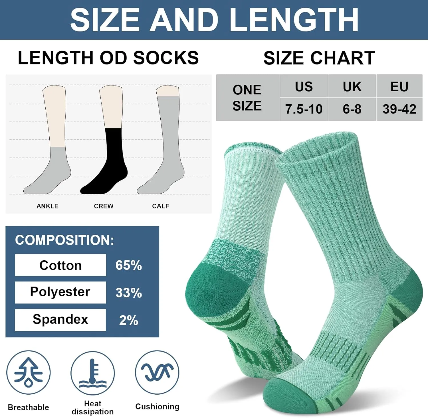 YSense 6 Pairs Crew Athletic Socks for Women, Hiking Running Cushioned Womens Compression Calf Socks for Gym Workout Sports
