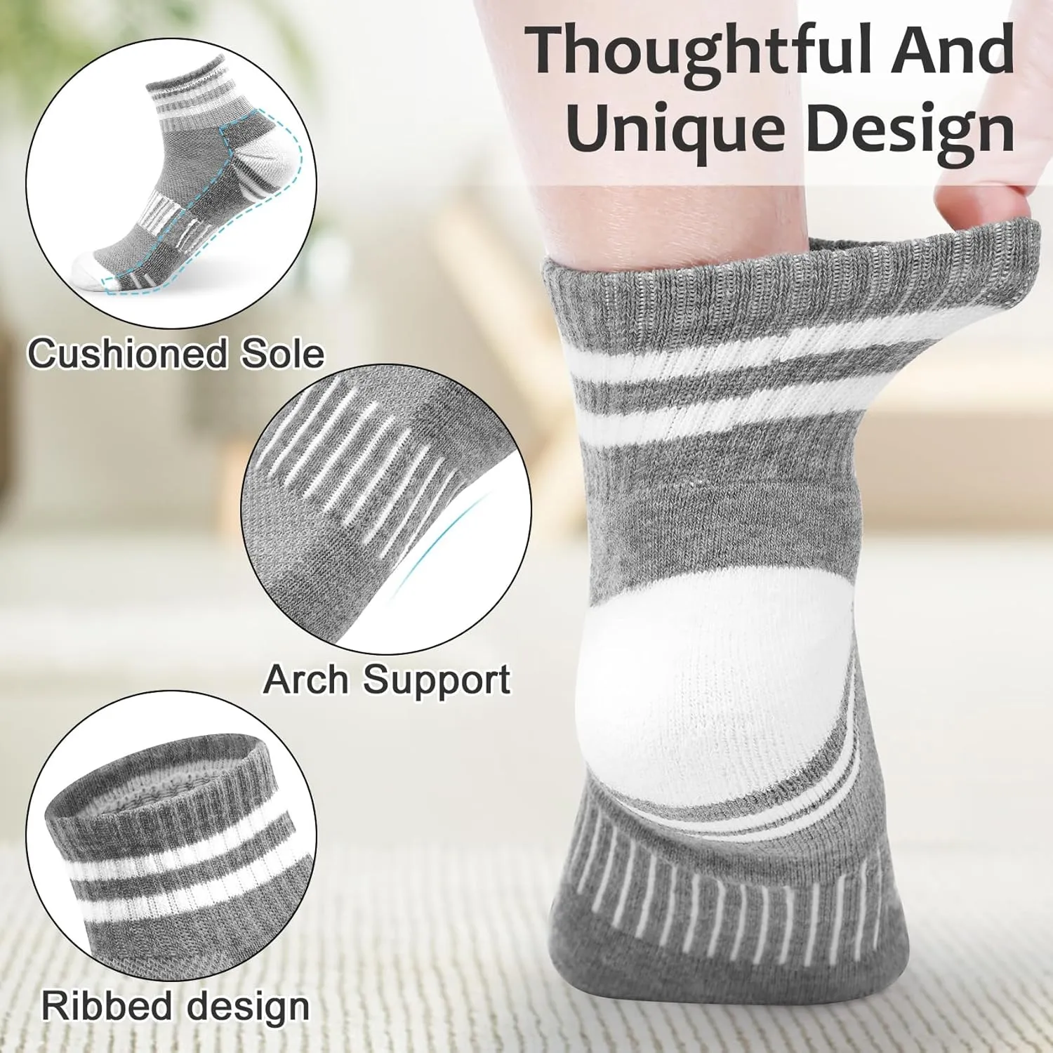 YSense Crew Quarter Socks for Women Men, 8 Pairs Breathable Cotton Athletic Running Ankle Cushioned Gym Socks for Hiking