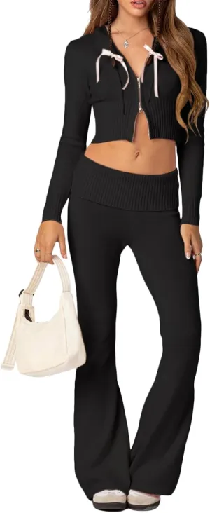 Yuemengxuan Y2k Outfits Set Women Two Piece Knitted Set Long Sleeve Zipper Hoodie Crop Top High Waist Trousers Tracksuit