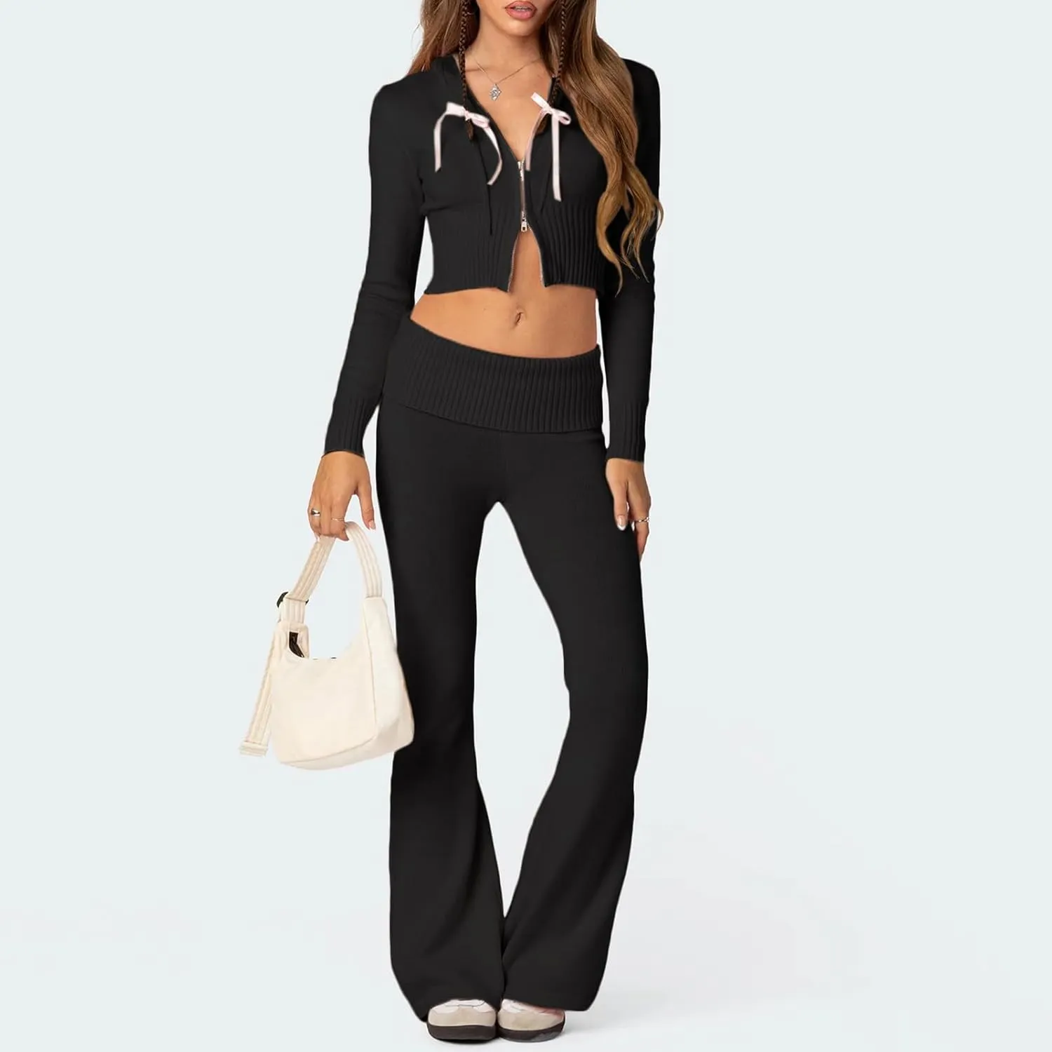 Yuemengxuan Y2k Outfits Set Women Two Piece Knitted Set Long Sleeve Zipper Hoodie Crop Top High Waist Trousers Tracksuit